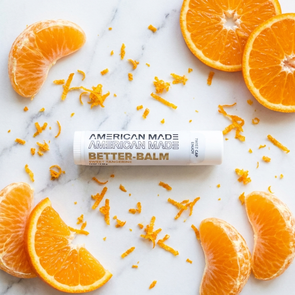 American Made Better-Balm with orange slices and zest on a marble background
