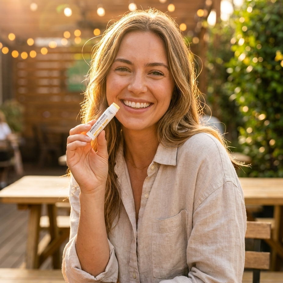 Woman holding a product outdoors with blurred lights and greenery in the background