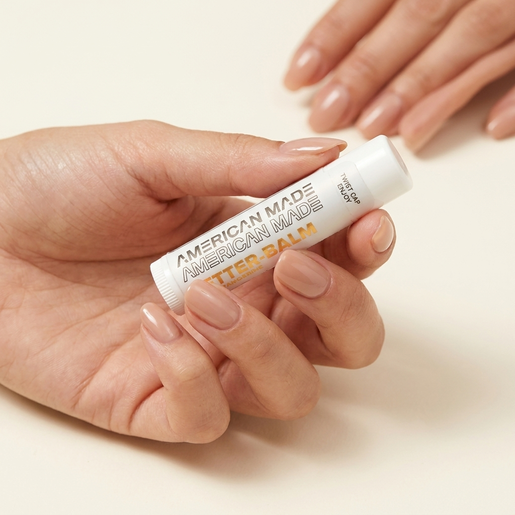 Hand holding a lip balm on a light background