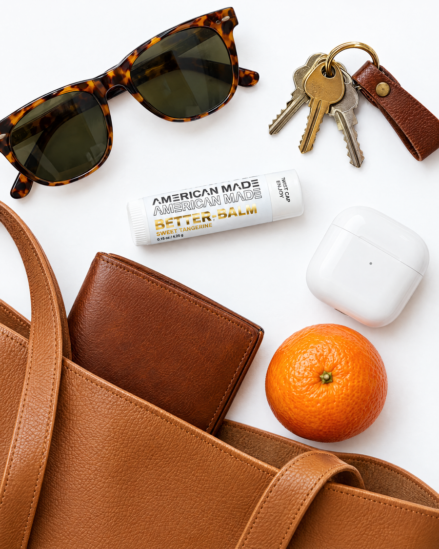 BetterBalm lip balm with everyday carry items from a tote bag