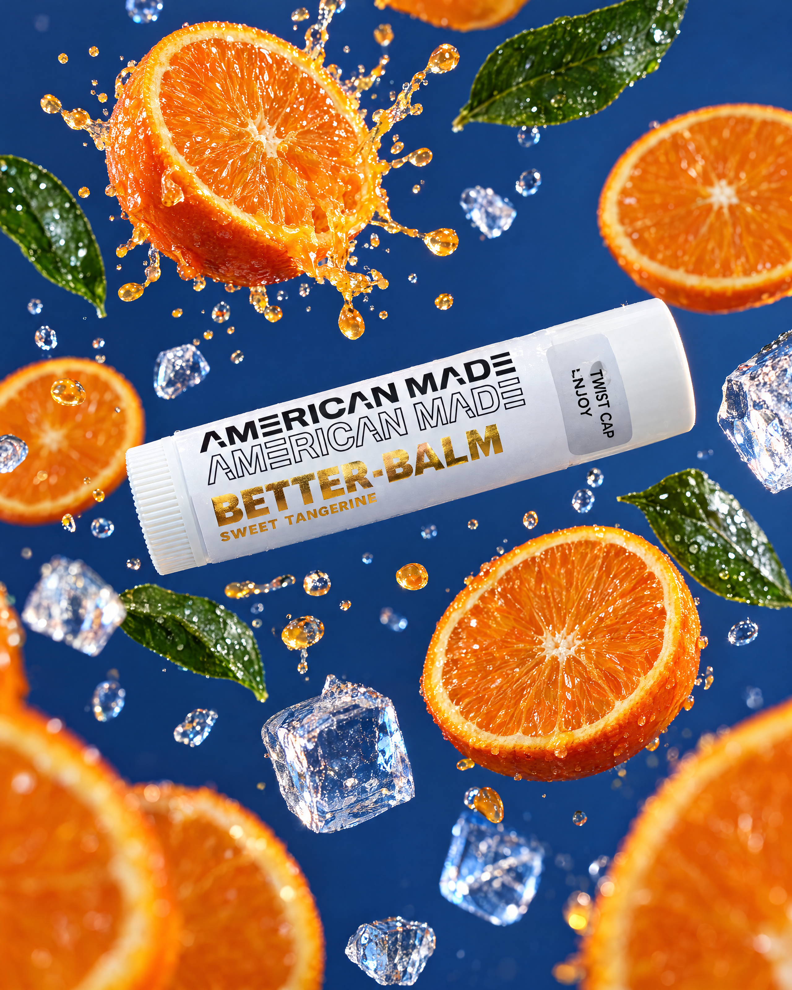 BetterBalm lip balm floating with tangerine slices and ice on a blue background