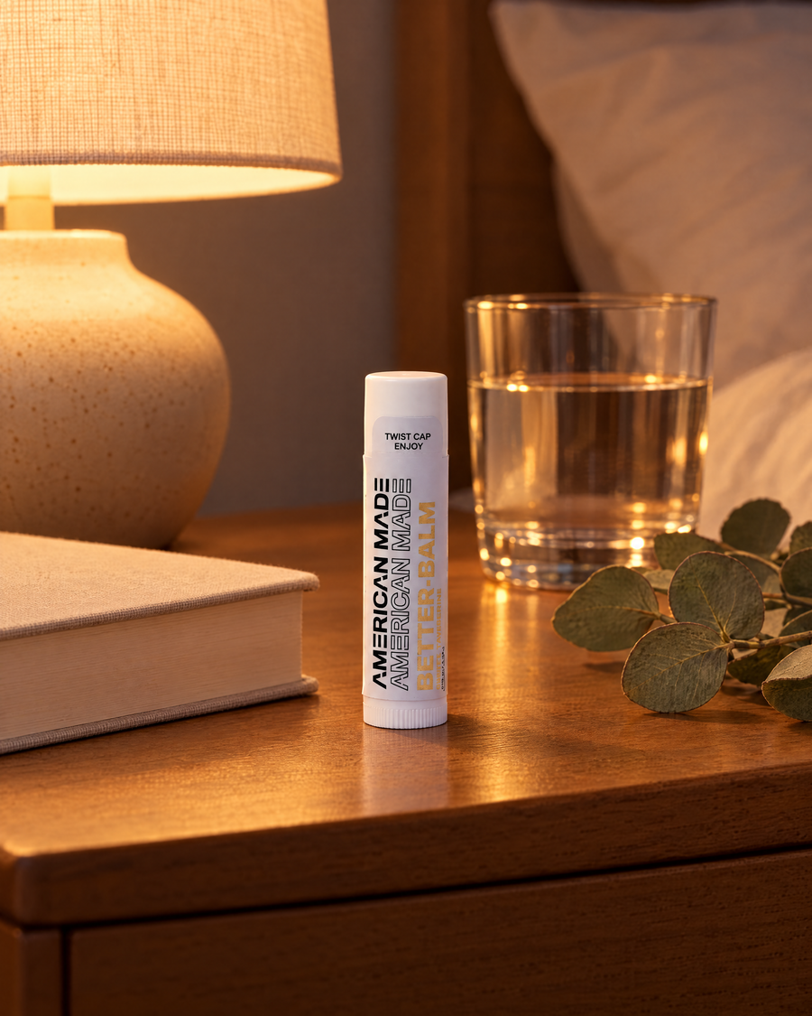 BetterBalm lip balm on a nightstand at bedtime